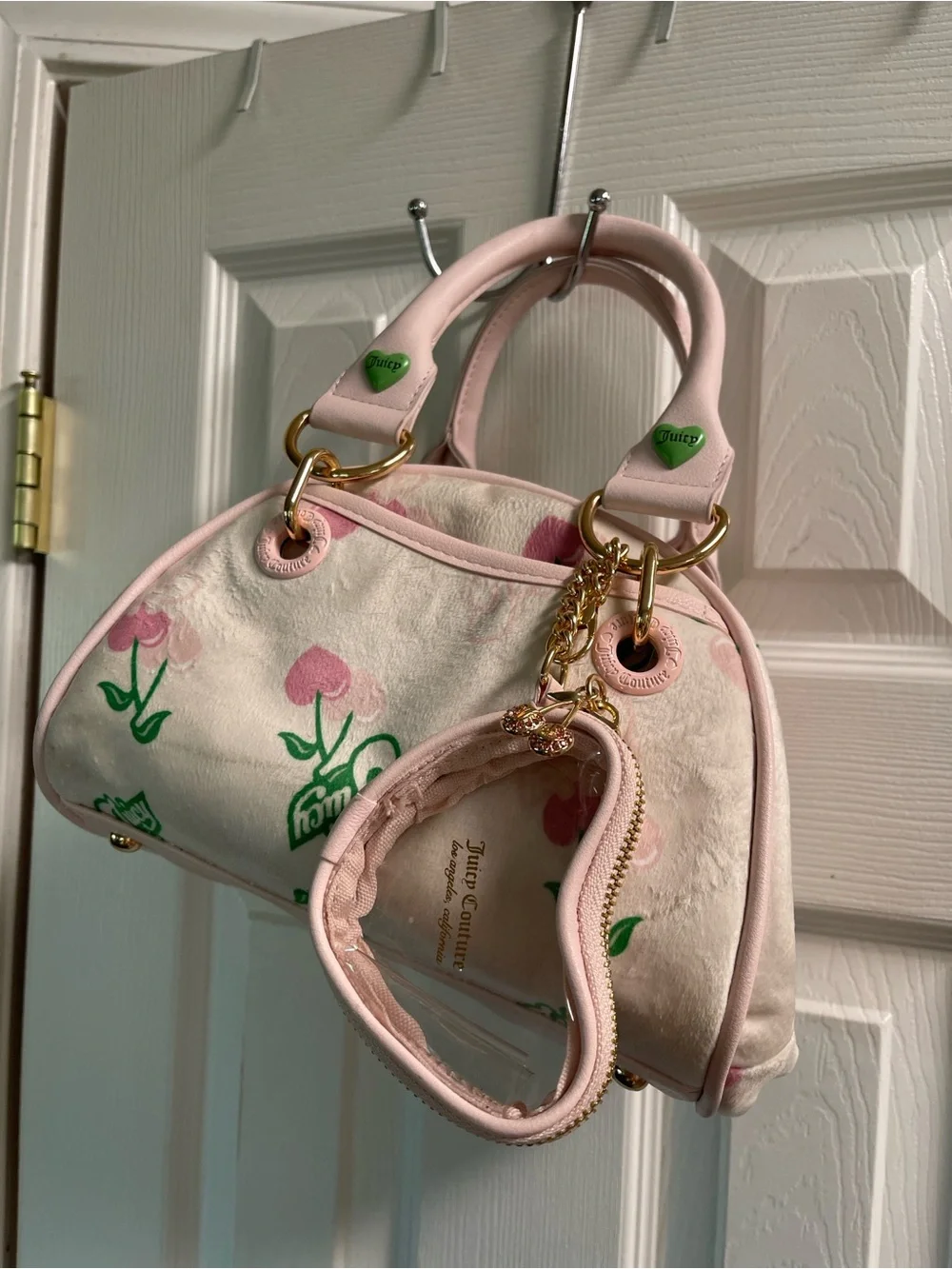 Juicy Couture Pink & Cream Floral Dome Satchel with Heart Coin Pouch